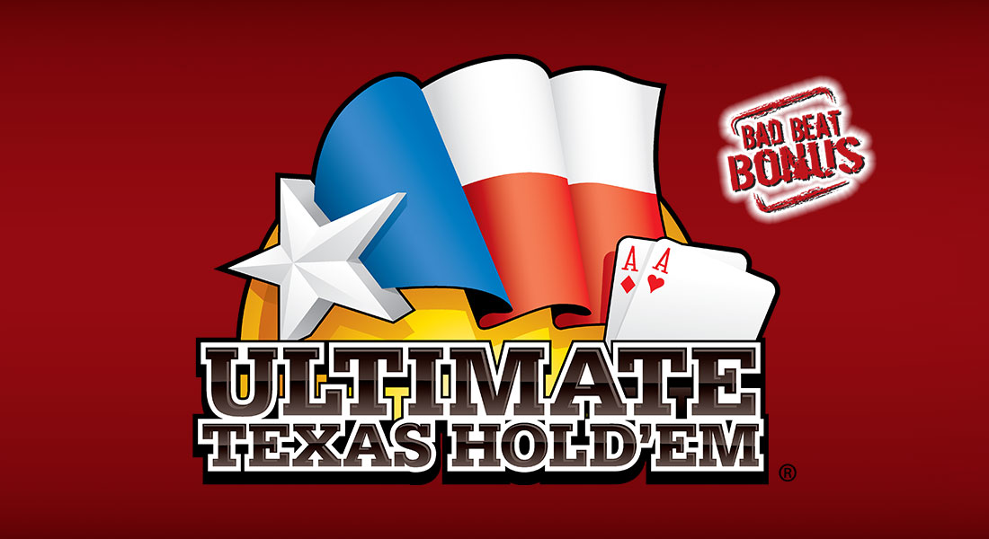 Ultimate Texas Hold'Em with Bad Beat Bonus logo on a maroon background