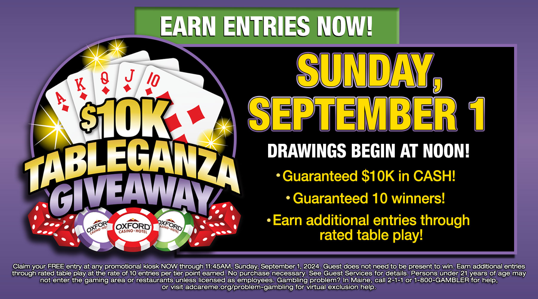 Earn entries NOW for the $10K Tableganza Giveaway at Oxford Casino Hotel